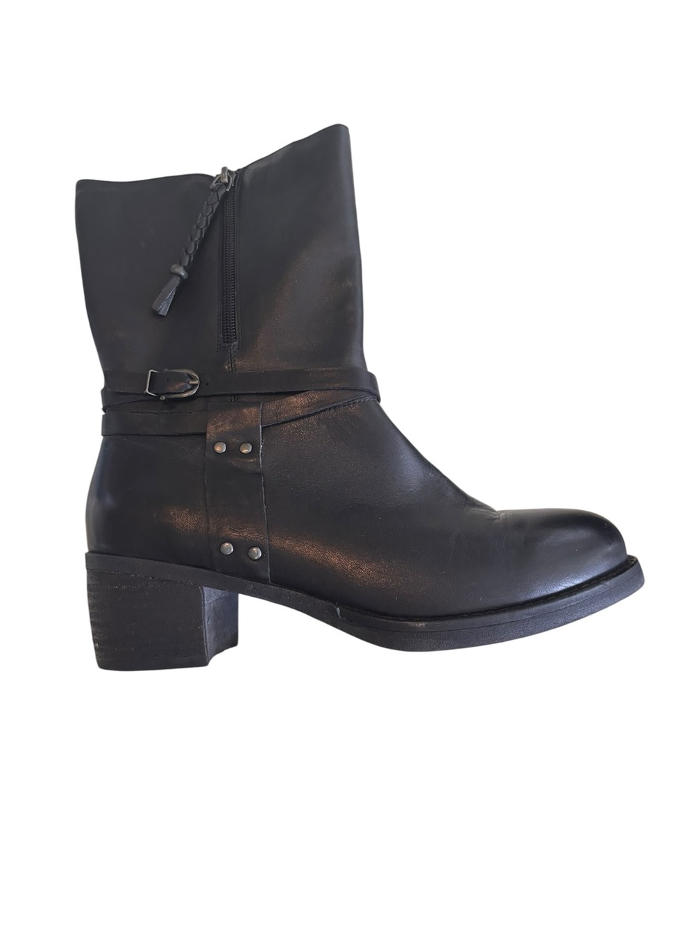 Tara M Dinah Black Leather Mid-calf Moto Boot